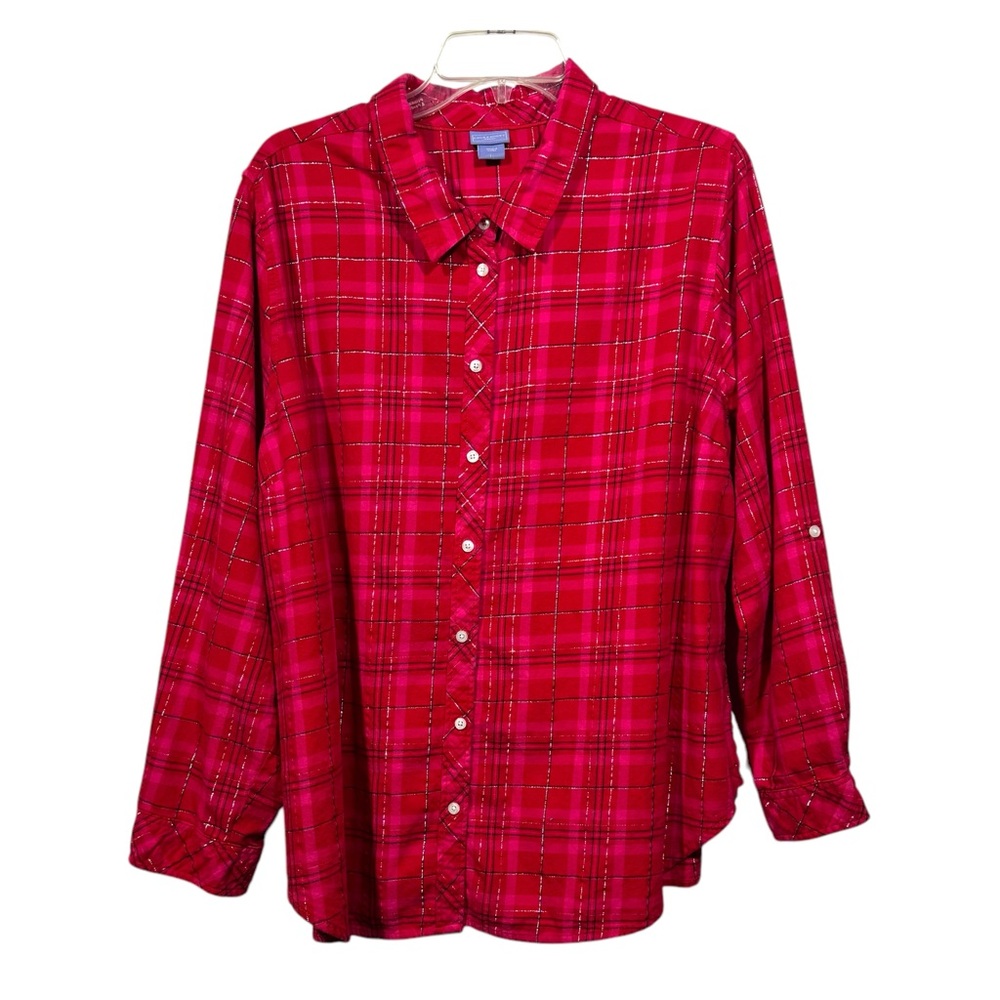 Laura Scott Women Shirt 2X Long Sleeves Plaid Button Up Red  Outdoor Casual